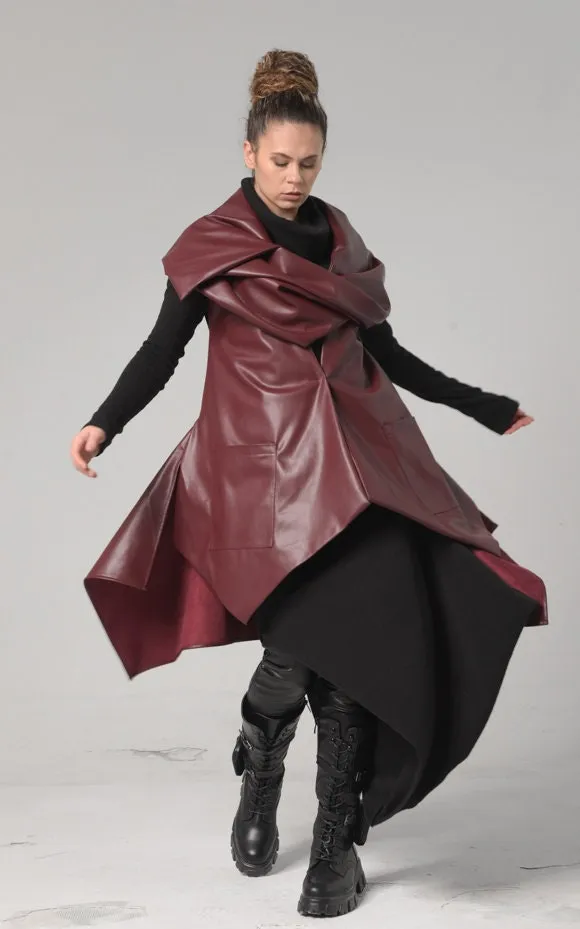 Avant Garde Eco-Leather Vest In Burgundy