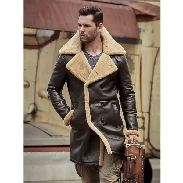 B3 Flight Sheepskin Aviator Long Mens Winter Coats Fur Bomber Leather Jacket