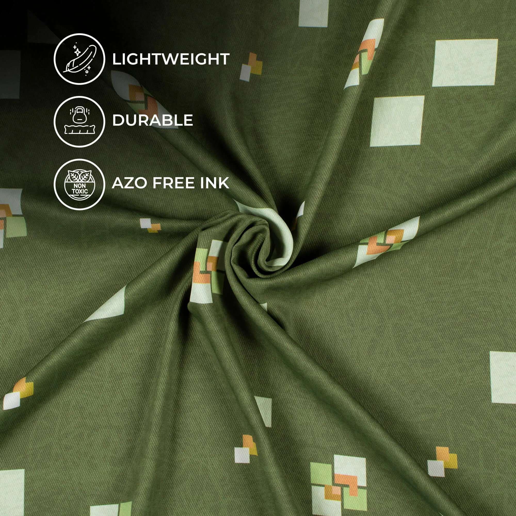 Basil Green And Beige Geometric Pattern Digital Print Twill Fabric (Width 56 Inches)