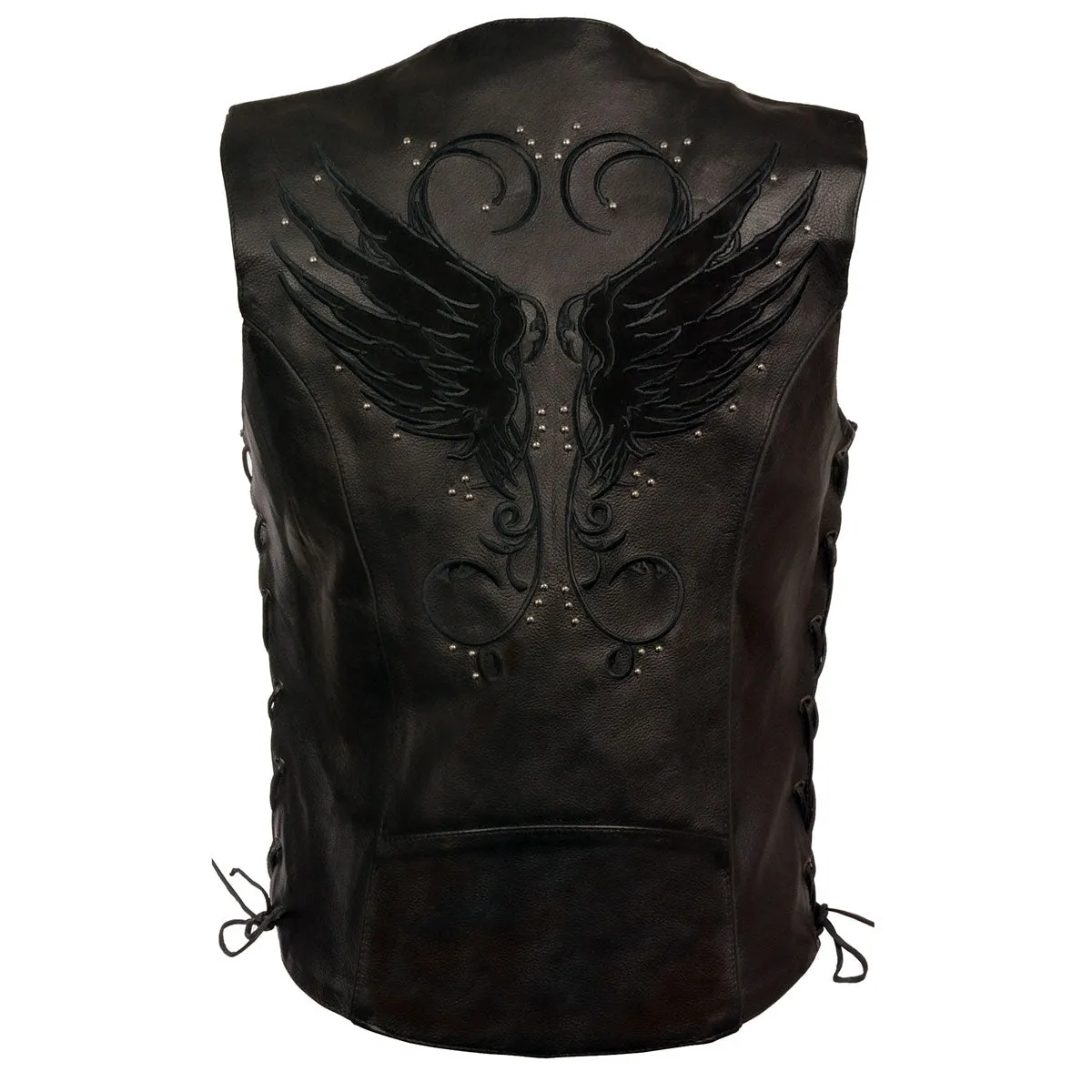 BLACK MLL4505 Women's Black Leather Side Lace Motorcycle Rider Vest- Reflective and Studded Black Wings