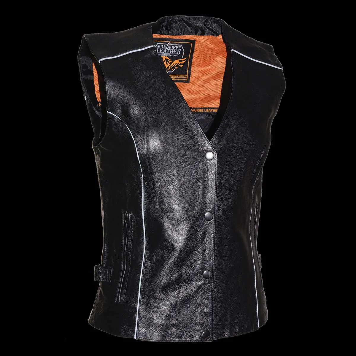 BLACK MLL4505 Women's Black Leather Side Lace Motorcycle Rider Vest- Reflective and Studded Black Wings