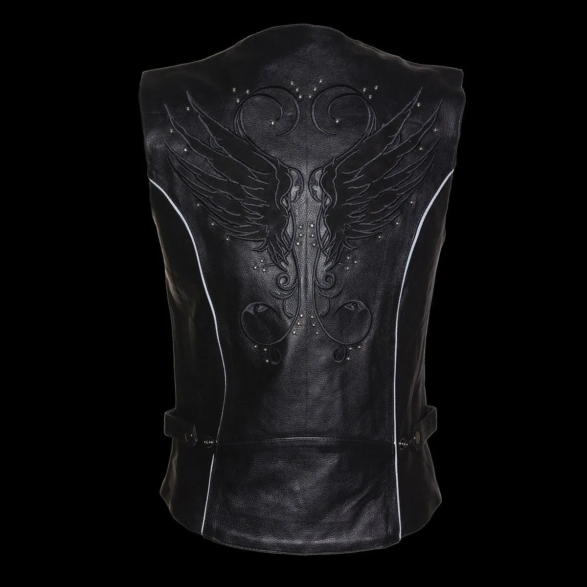 BLACK MLL4505 Women's Black Leather Side Lace Motorcycle Rider Vest- Reflective and Studded Black Wings