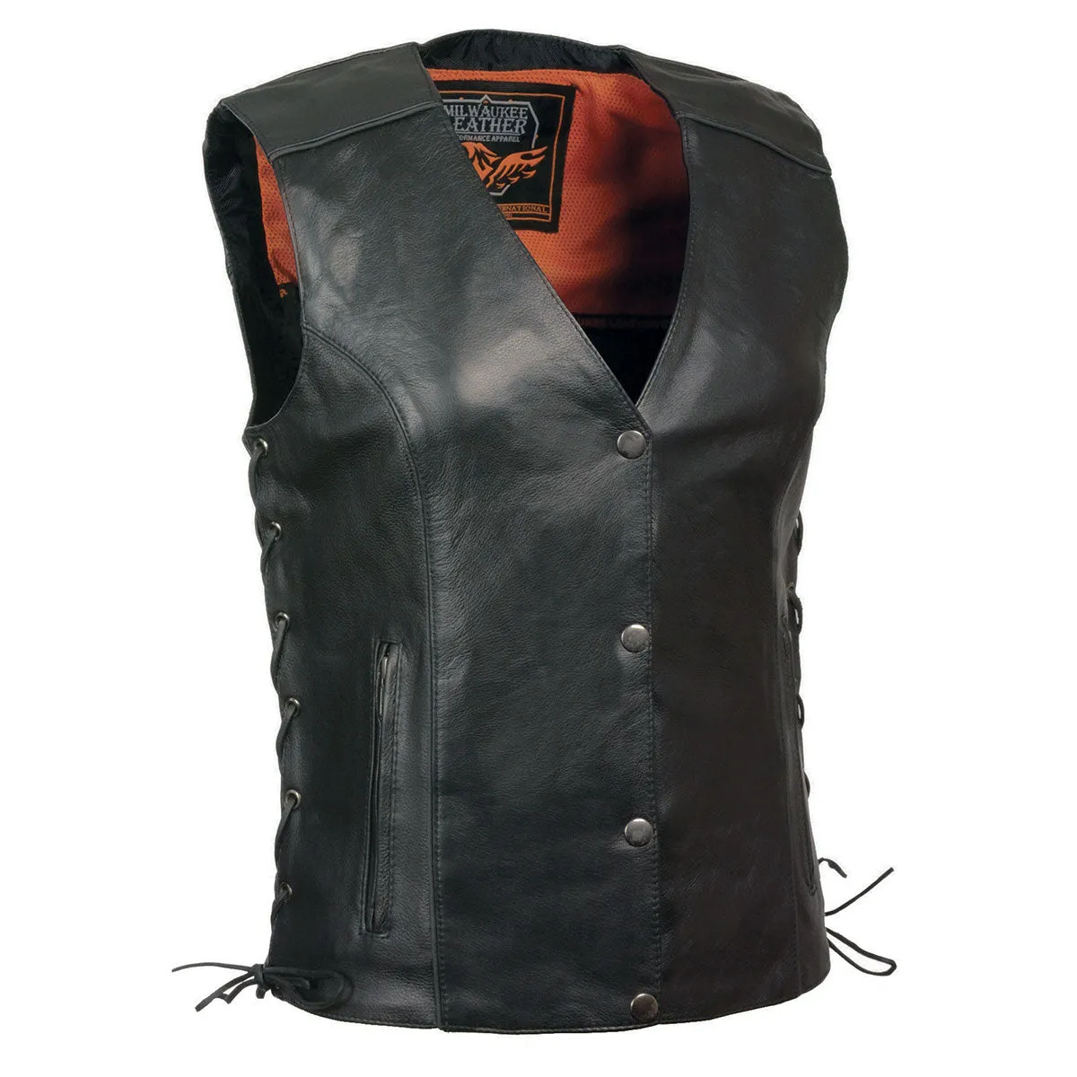 BLACK MLL4505 Women's Black Leather Side Lace Motorcycle Rider Vest- Reflective and Studded Black Wings