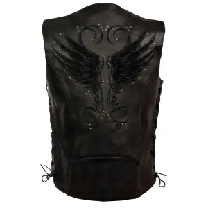 BLACK MLL4505 Women's Black Leather Side Lace Motorcycle Rider Vest- Reflective and Studded Black Wings