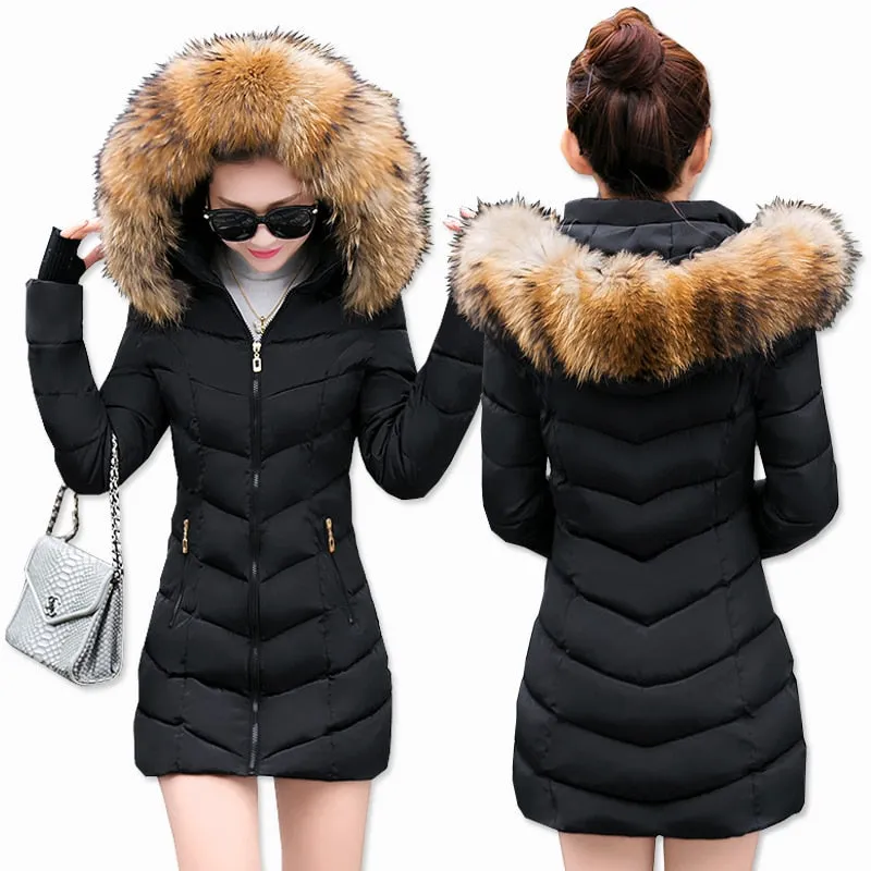 Fashion Winter Jacket Women Big Fur Belt Hooded Thick Down Parkas X-Long Female Jacket Coat Slim Warm Winter Outwear New