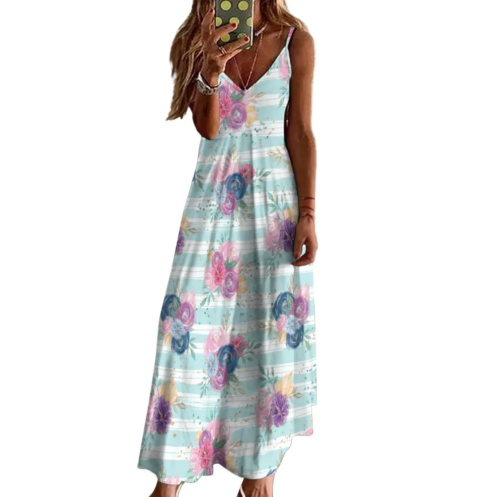 Floral Blue Candy Strip Spaghetti Strap Ankle-Length Dress Long dress