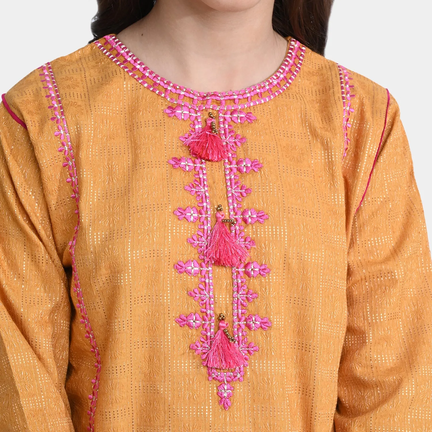 Girls Jacquard 3Pcs Suit Naaz - Golden Glow