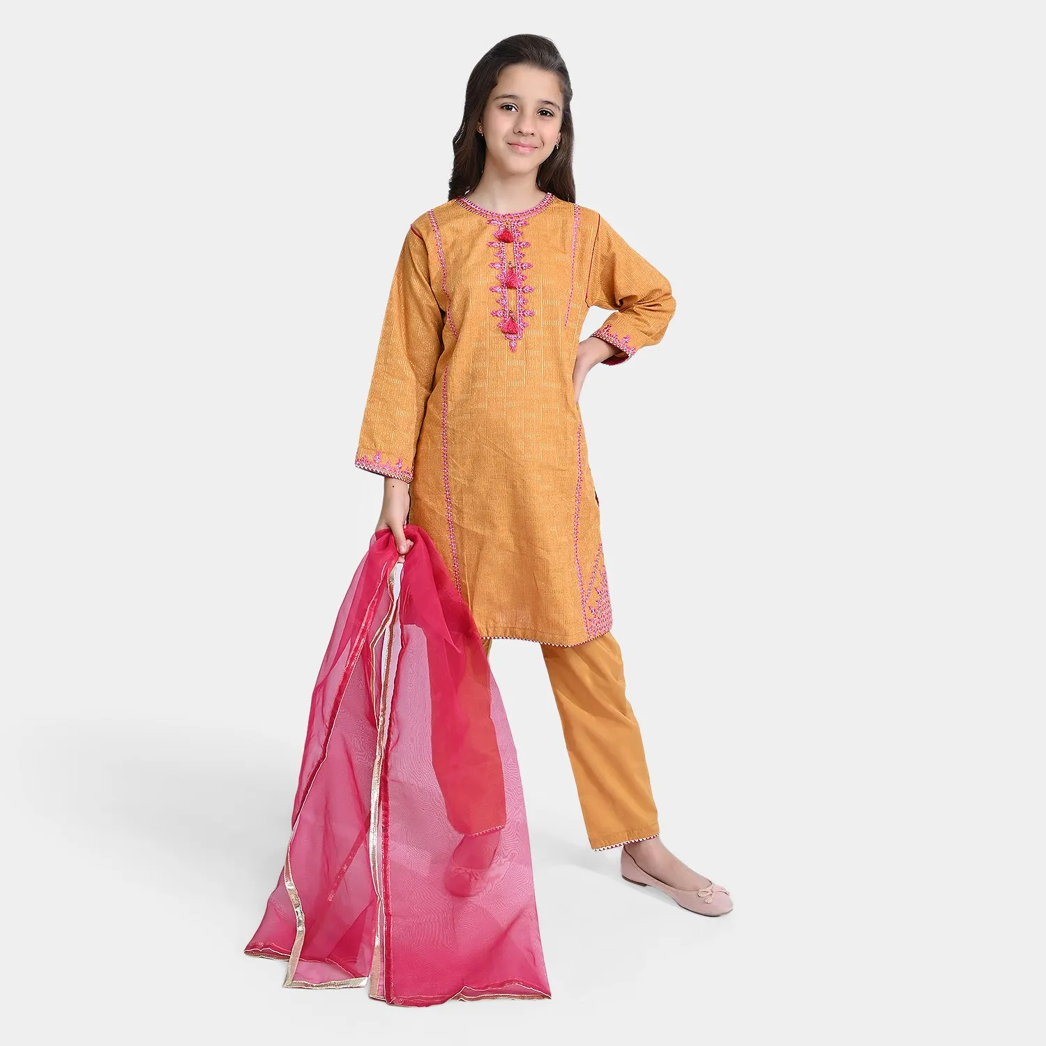 Girls Jacquard 3Pcs Suit Naaz - Golden Glow