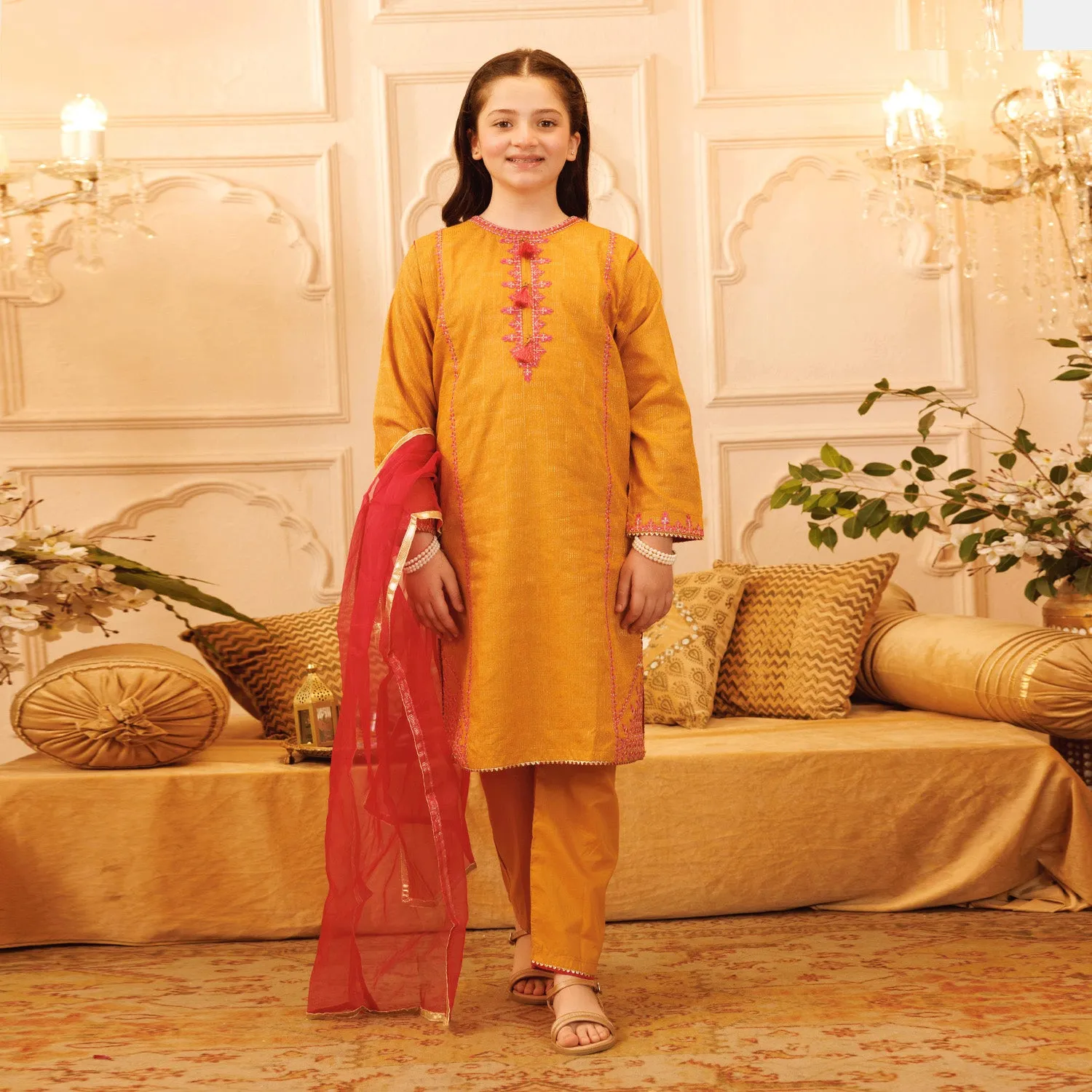 Girls Jacquard 3Pcs Suit Naaz - Golden Glow