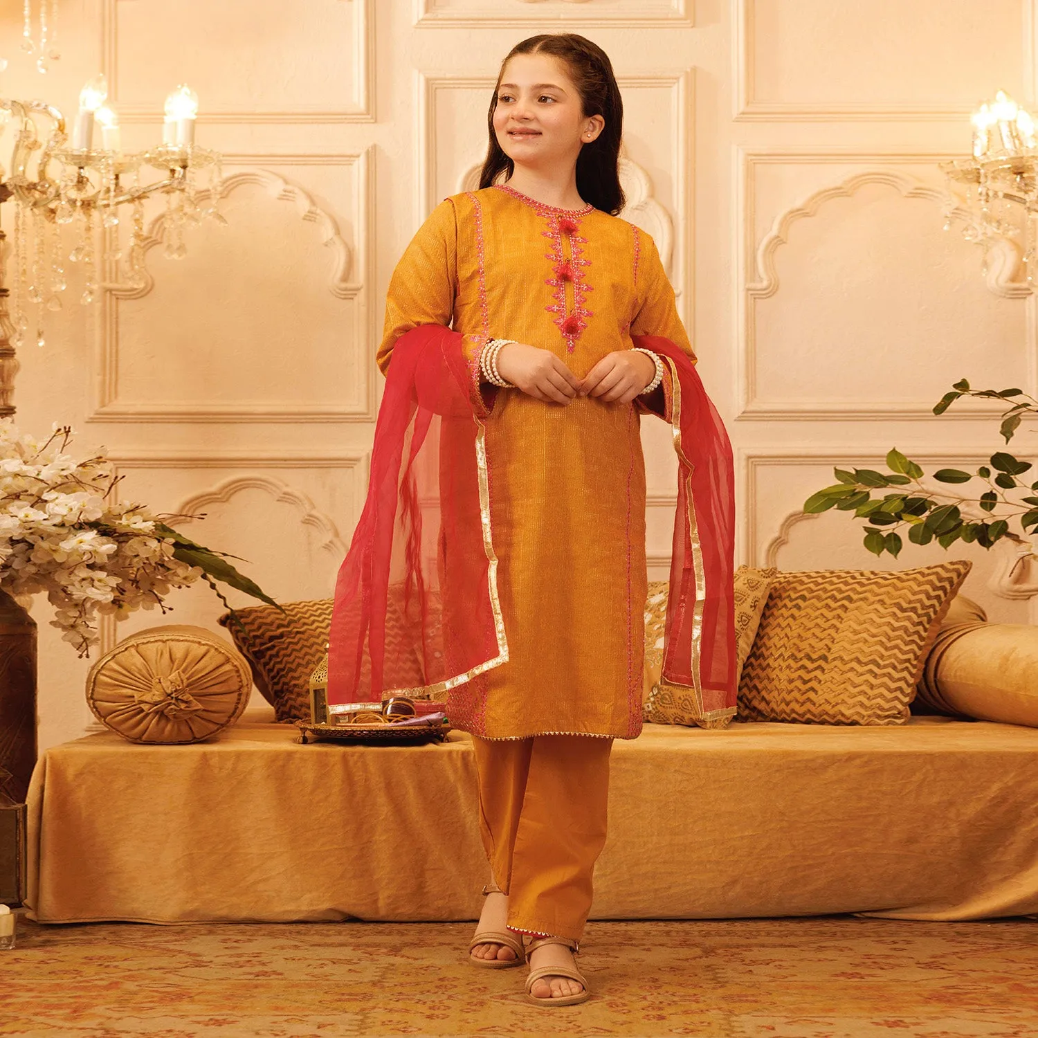 Girls Jacquard 3Pcs Suit Naaz - Golden Glow