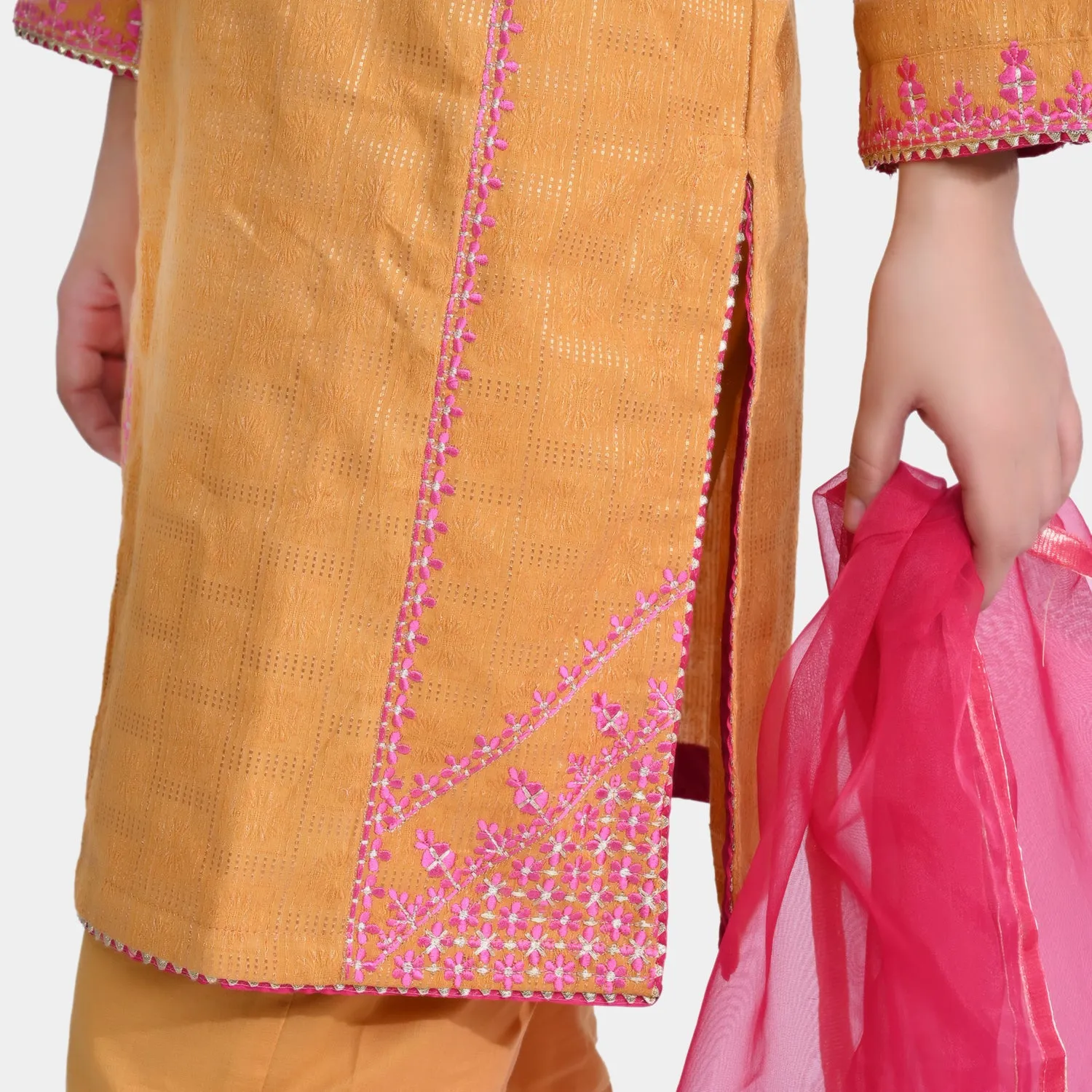 Girls Jacquard 3Pcs Suit Naaz - Golden Glow