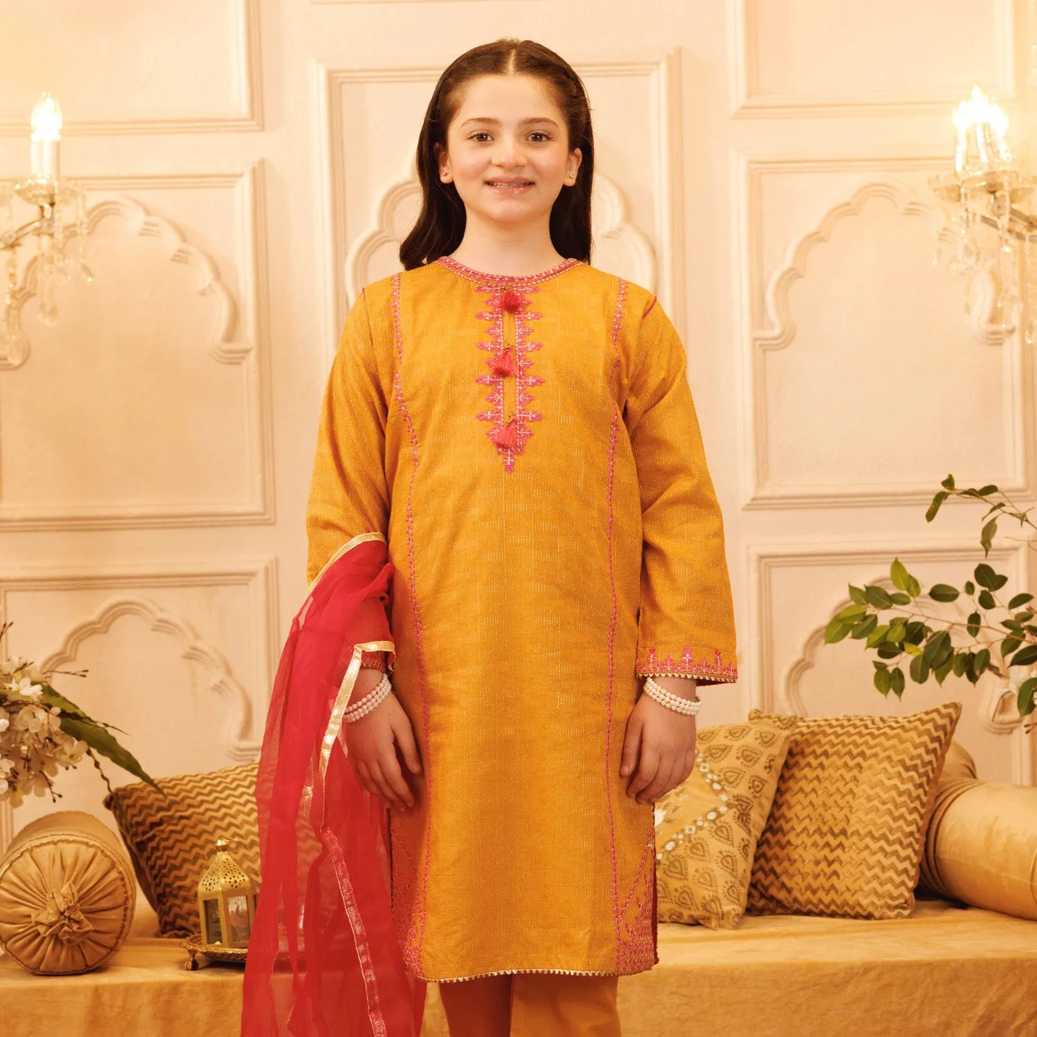 Girls Jacquard 3Pcs Suit Naaz - Golden Glow