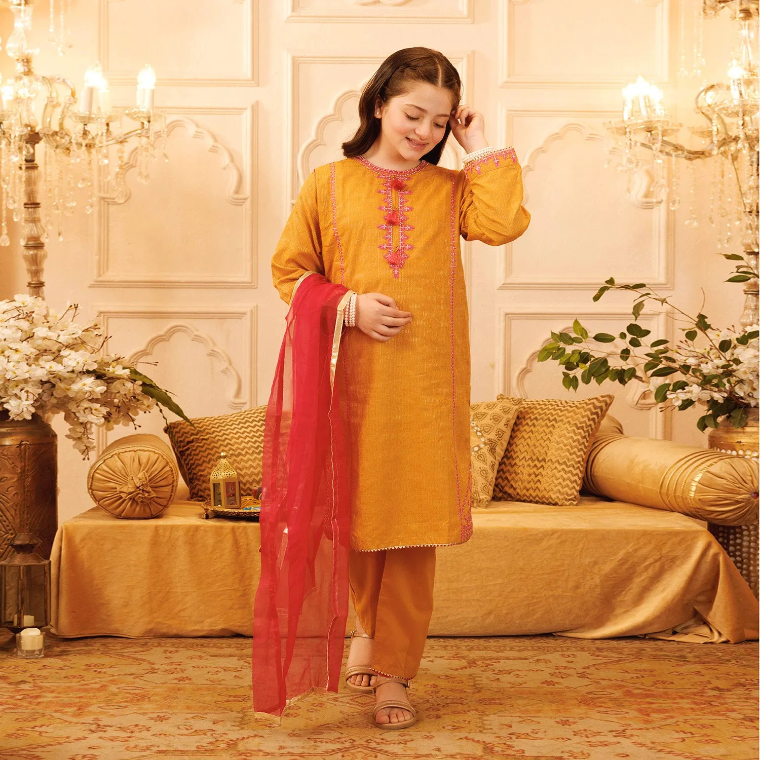 Girls Jacquard 3Pcs Suit Naaz - Golden Glow