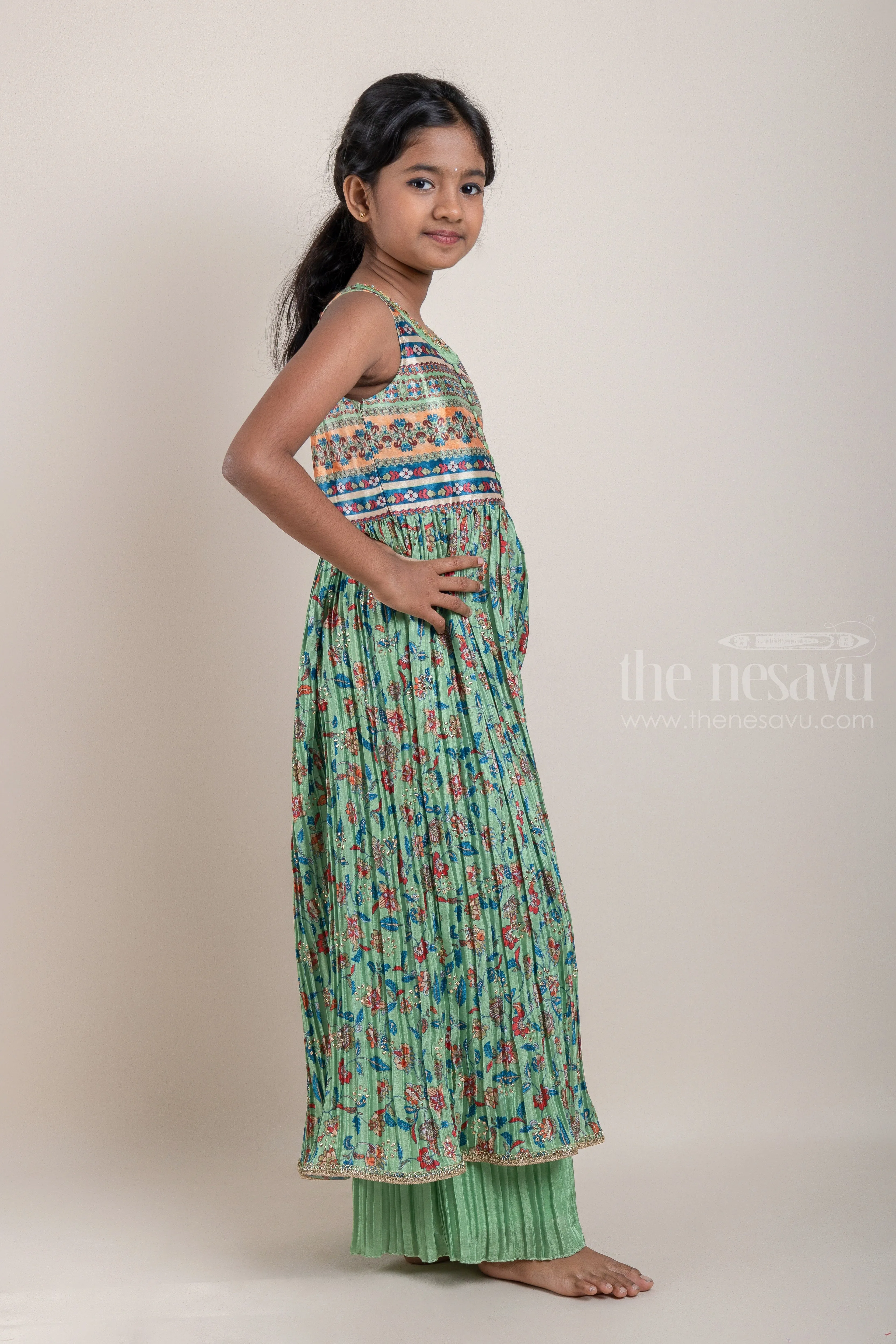 Ikat and Floral Printed Green Pleated Georgette Kurti and Pleated Green Palazzo Pant for Girls