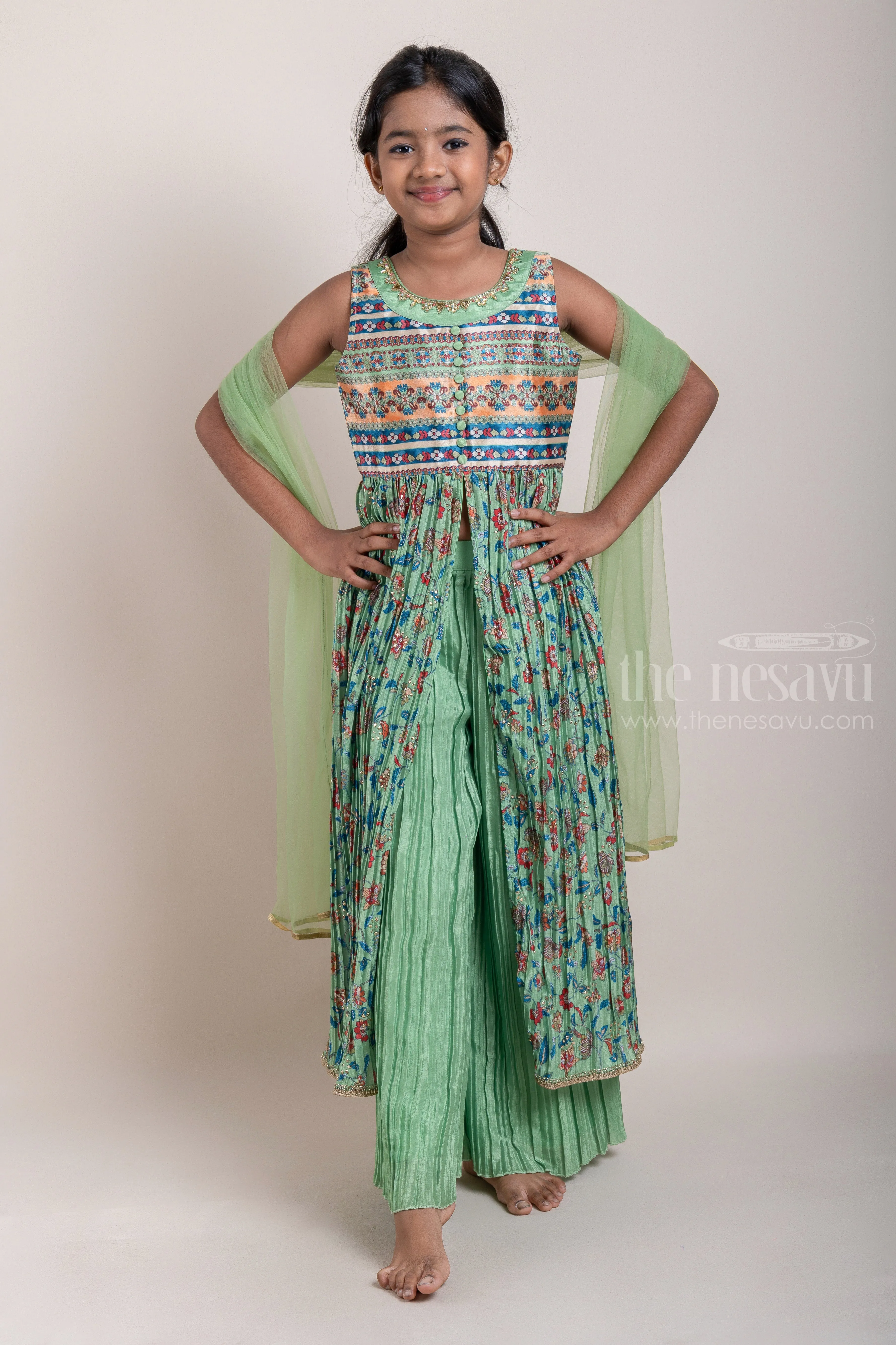 Ikat and Floral Printed Green Pleated Georgette Kurti and Pleated Green Palazzo Pant for Girls