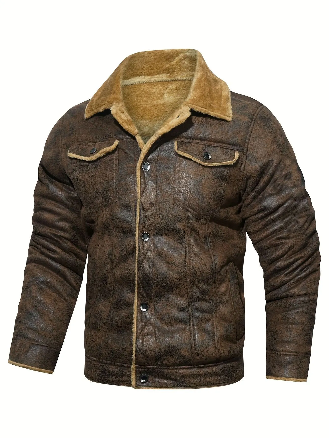 Men's Casual Faux Leather Jacket - Warm, Windproof Outerwear with Pockets for Fall/Winter