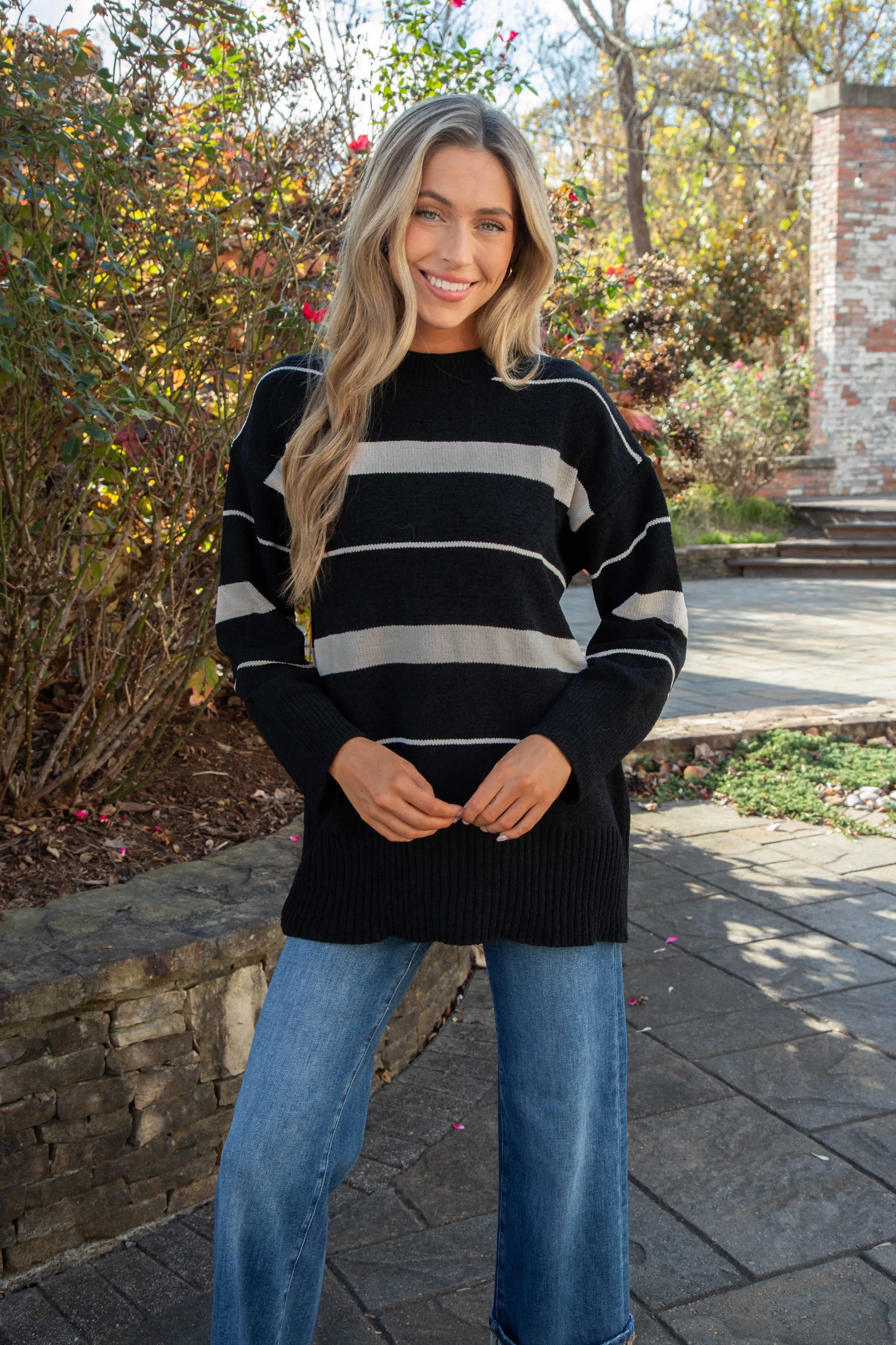 Modern Stripe Tunic Sweater, Black/Almond Stripe | Sanctuary