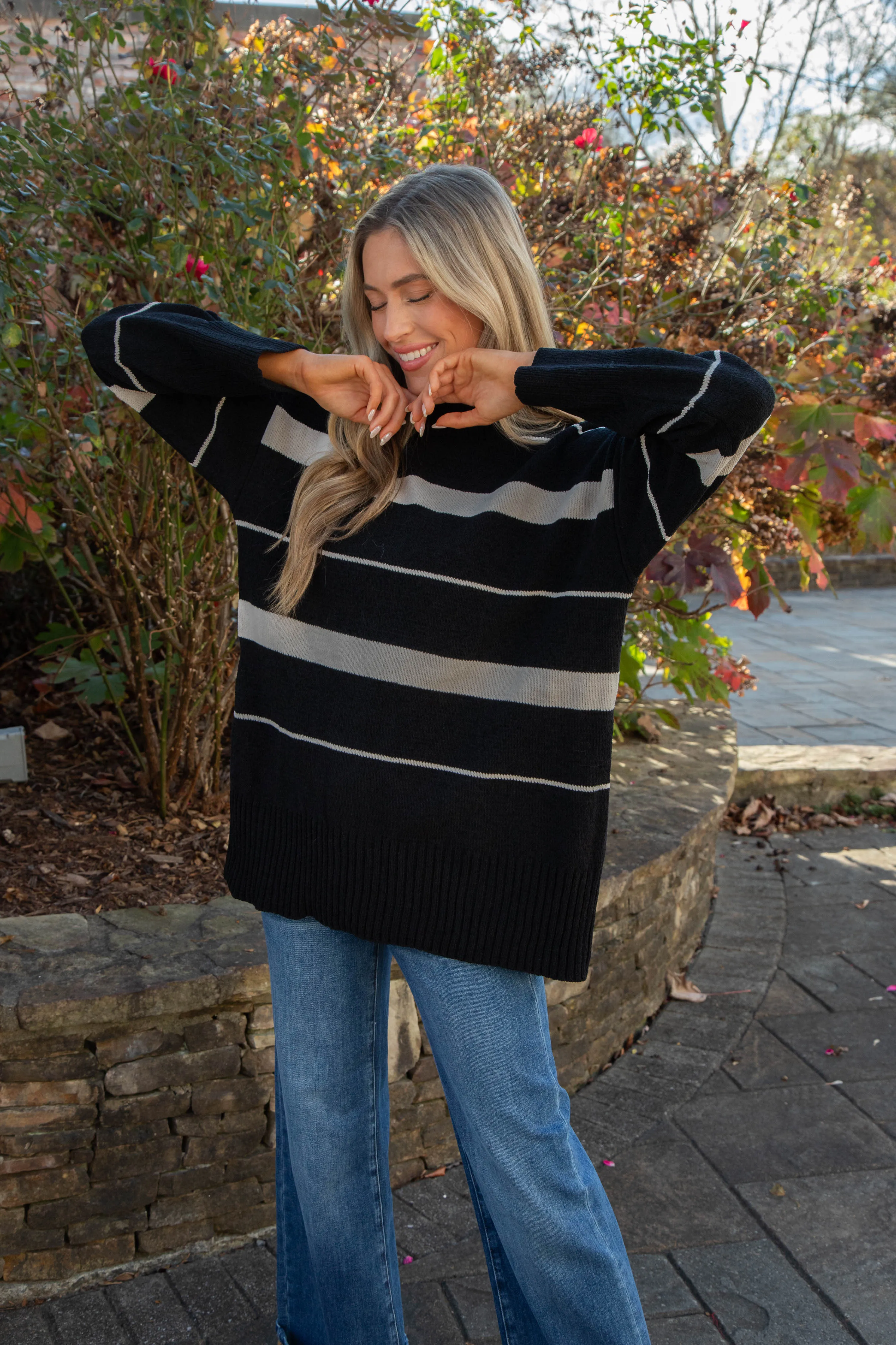 Modern Stripe Tunic Sweater, Black/Almond Stripe | Sanctuary