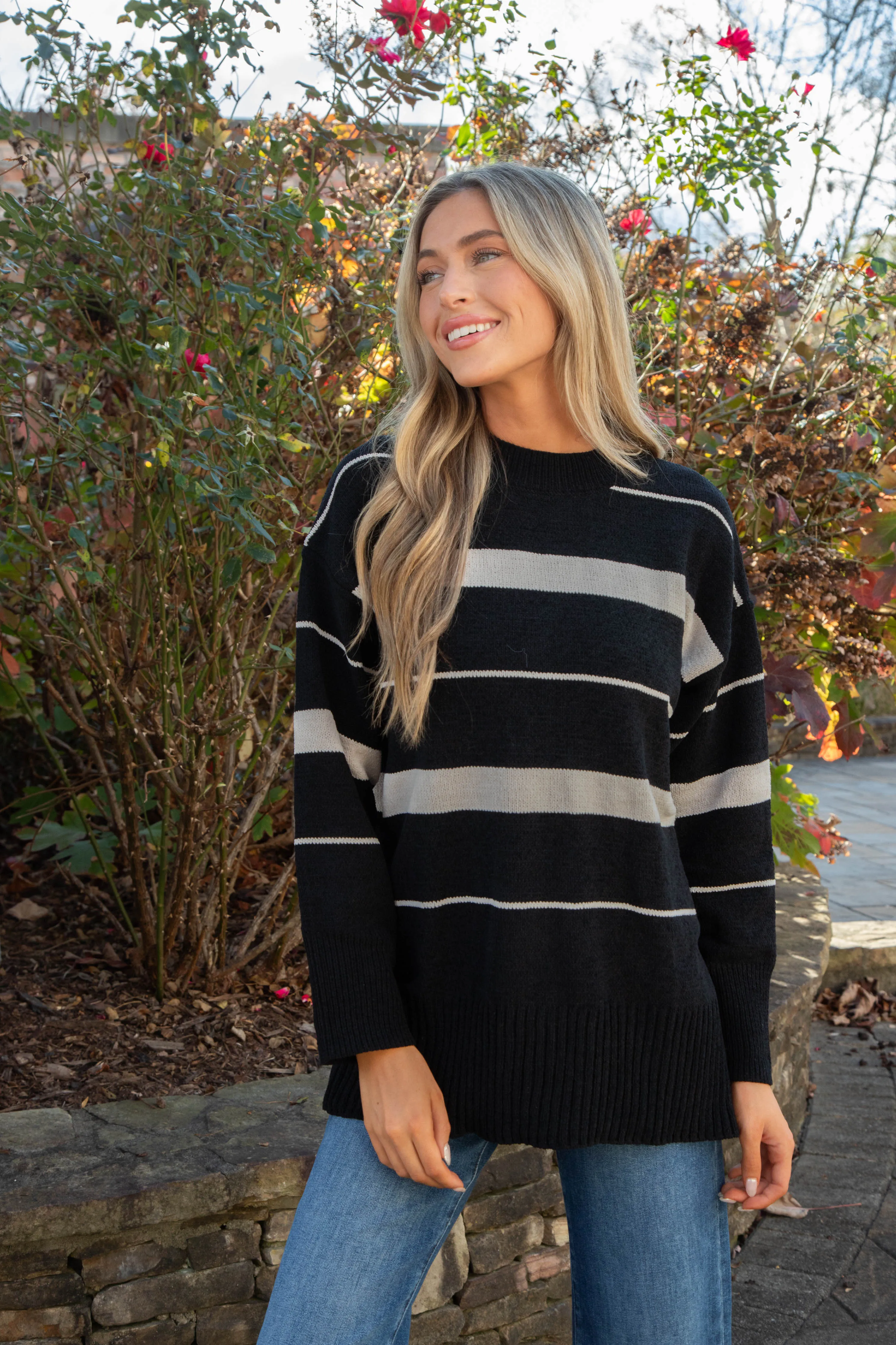 Modern Stripe Tunic Sweater, Black/Almond Stripe | Sanctuary