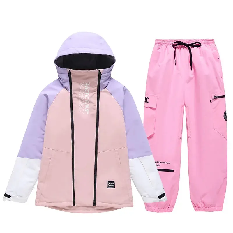 Trendy Hooded Cargo Ski Jacket & Sports Pants Set Couple Style 