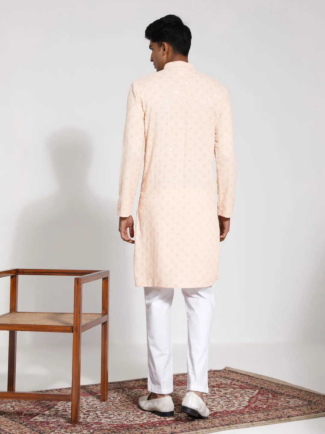 VASTRAMAY Men's Peach Rayon Kurta Set