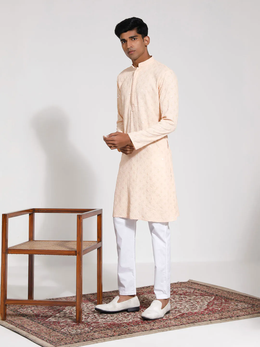 VASTRAMAY Men's Peach Rayon Kurta Set