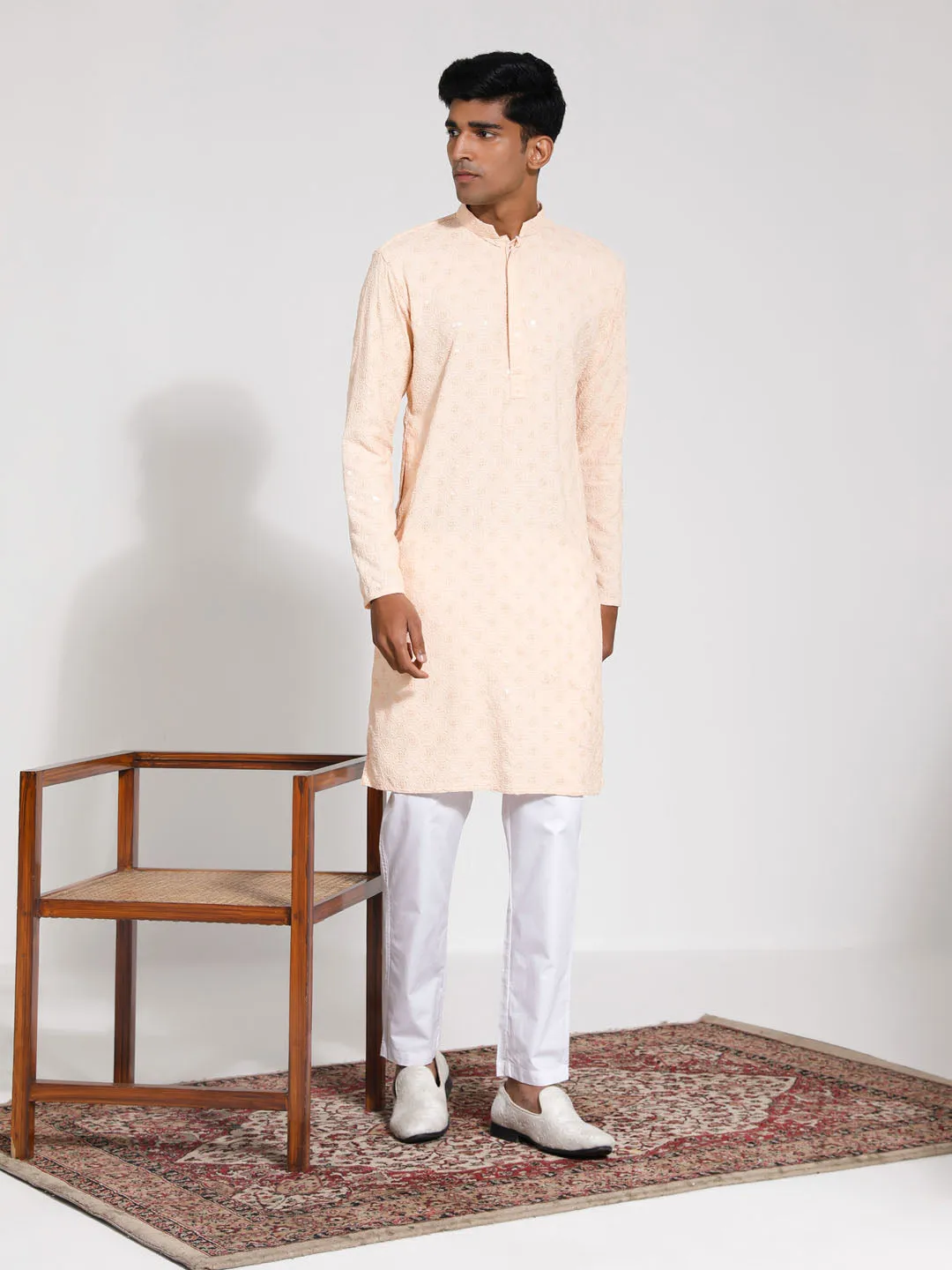 VASTRAMAY Men's Peach Rayon Kurta Set