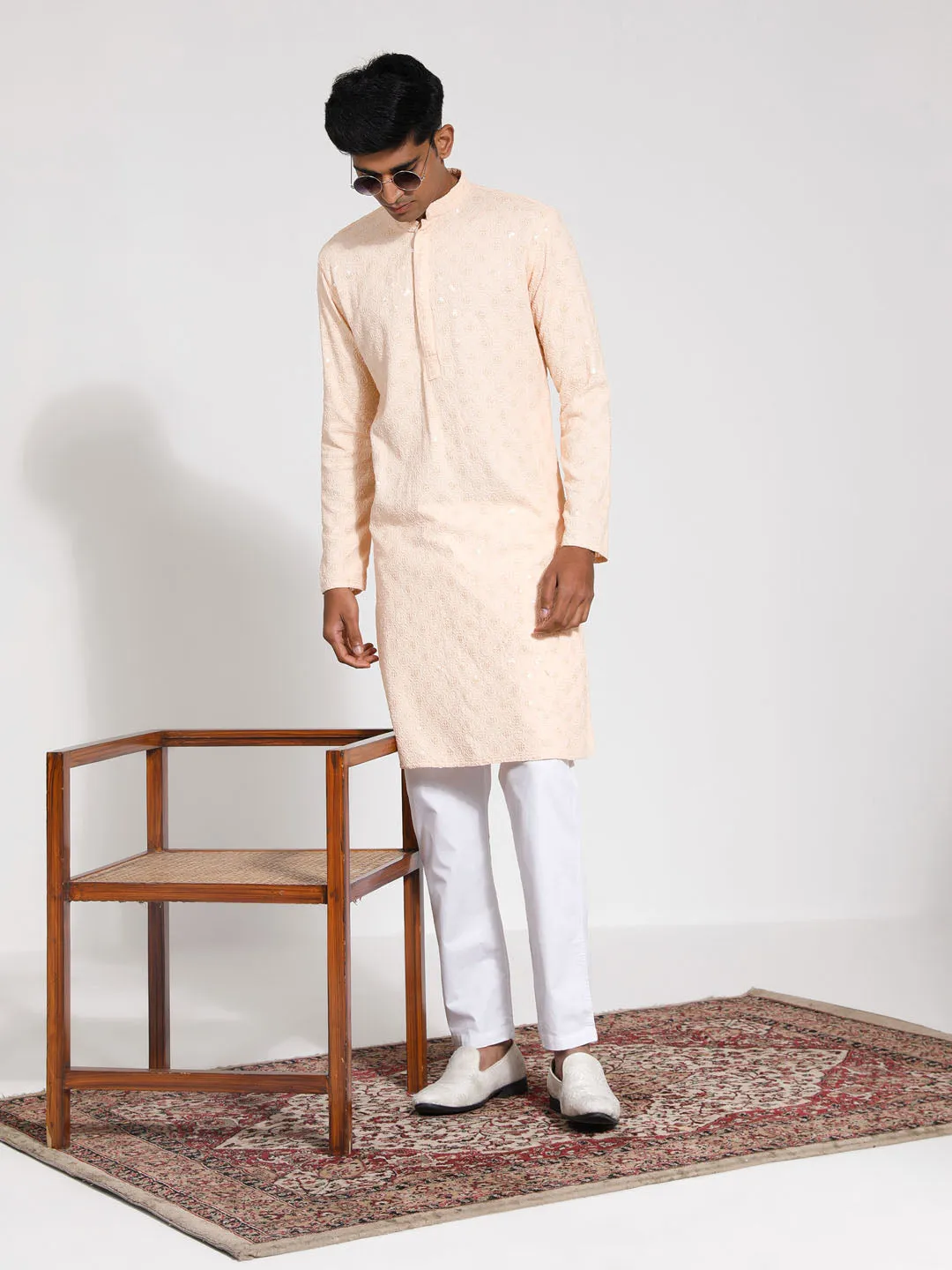 VASTRAMAY Men's Peach Rayon Kurta Set