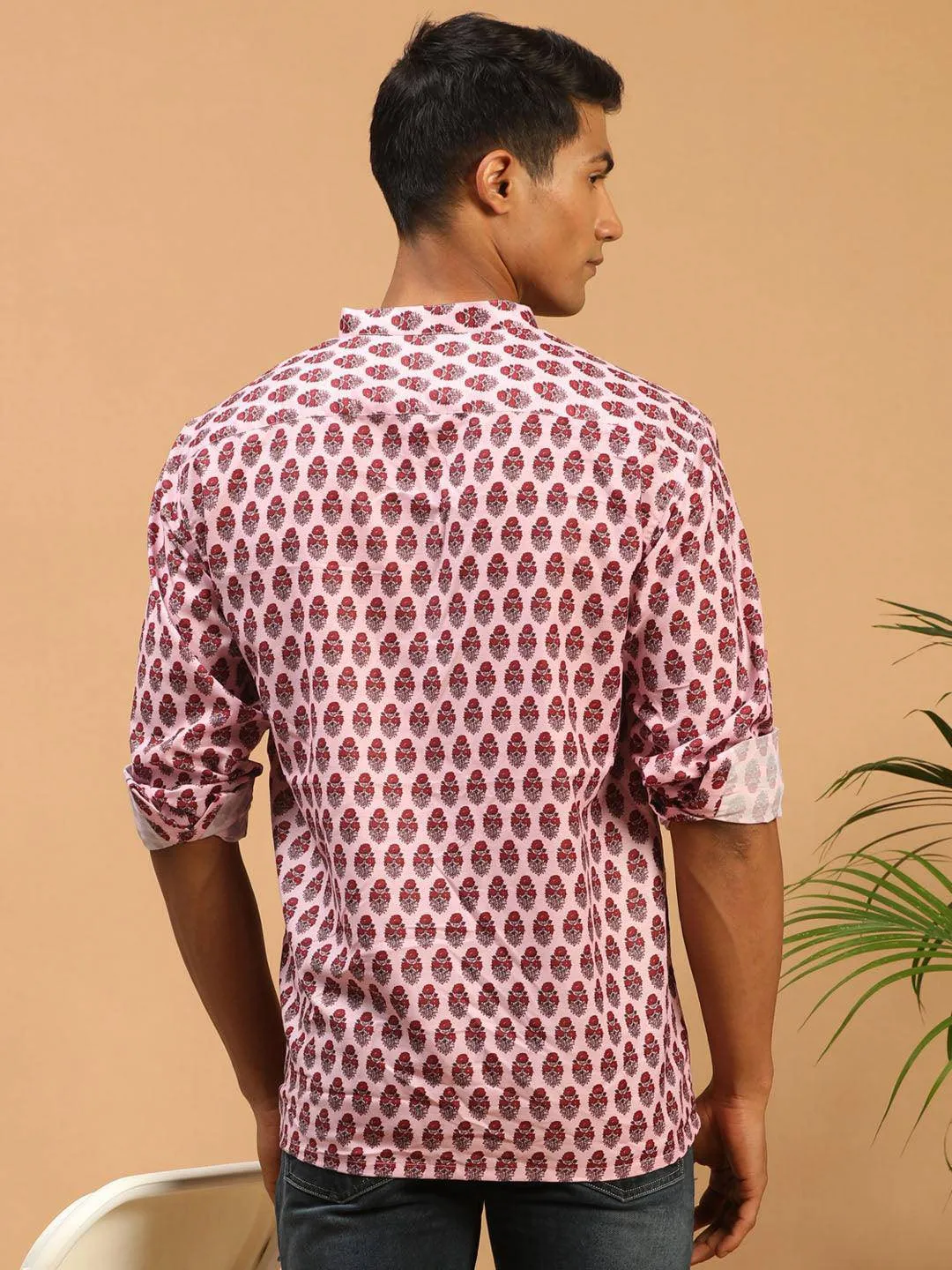 VASTRAMAY Men's Pink Cotton Blend Printed Shirt