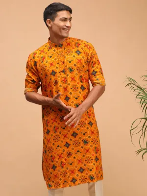 VASTRAMAY Men's Yellow Printed Rayon Kurta